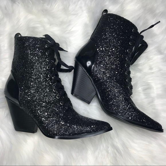 Black Glitter Pointed Toe lace up Ankle Boot 🖤 - Picture 6 of 8